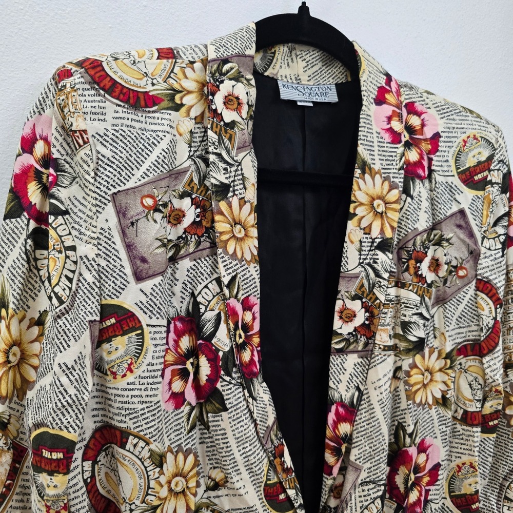 Vintage‎ Kensington Square Vintage Newspaper Floral Print Blazer Jacket Medium